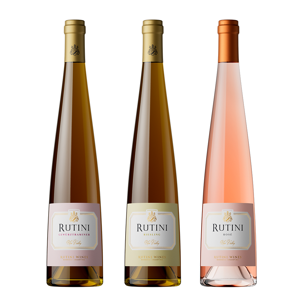 Tres botellas de vino Rutini Colección: Gewürztraminer, Riesling y Rosé